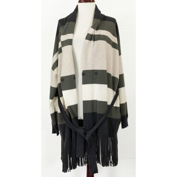 $4495 BRUNELLO CUCINELLI CASHMERE STRIPED BELTED CARDIGAN FRING BOTTOM - Picture 8 of 8